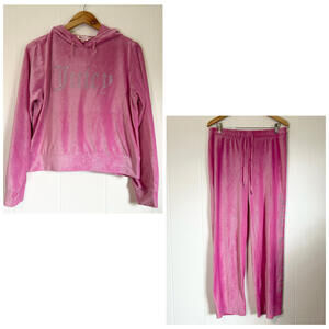 Juicy Couture Pink Velour Velvet Pullover Hoodie Sweatpants Set Women's Large